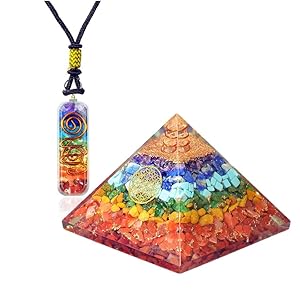 Orgonite Crystal Seven chakra FOL pyramid & Pendant Set, Orgonite Pyramid for Energy Healing – Orgonite Kit – Protection With Seven Chakra Orgonite Necklace