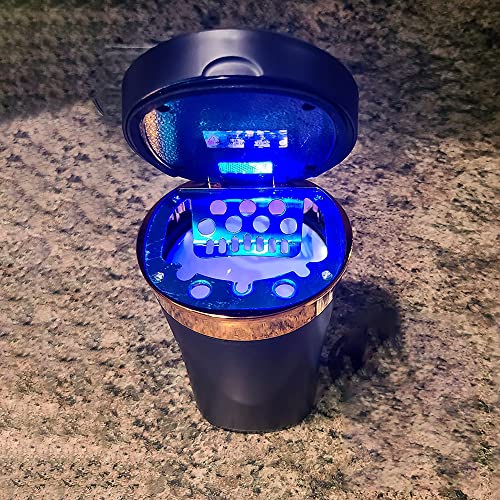 Image of Ceramics Car Ashtray with Lid Smell Proof Cap Detachable, Portable Ashtray Fit for Most Vehicles Homes Office, Removable Solar Energy USB Charging Ashtray, Blue LED Light Black