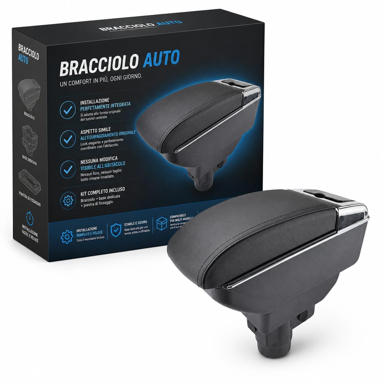 Bracciolo Auto per OPEL CORSA D 2006-2014 - Poggia braccio per Auto in Pelle Nera con Posacenere e Vano Portaoggetti