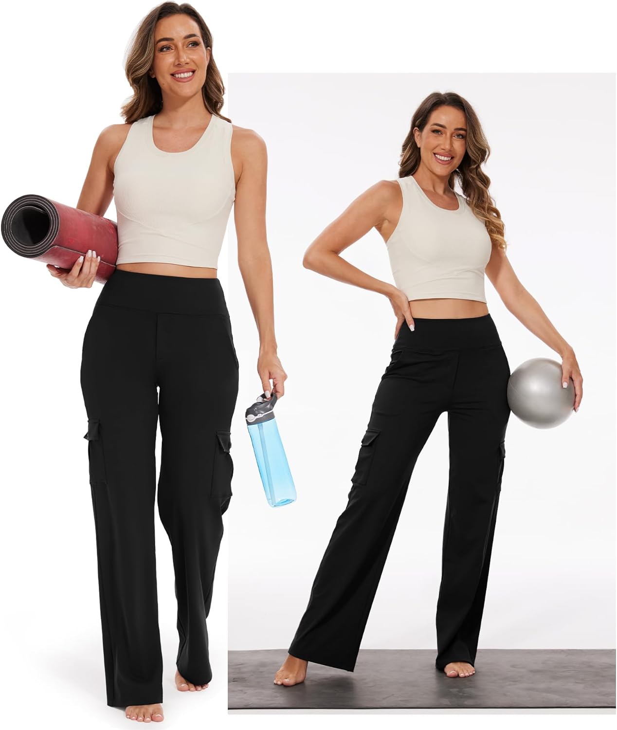 Yoga Cargo Pants Women Wide Leg Pants with Pockets High Waist Stretch Dress Casual Business Work Travel Pants - Image 3