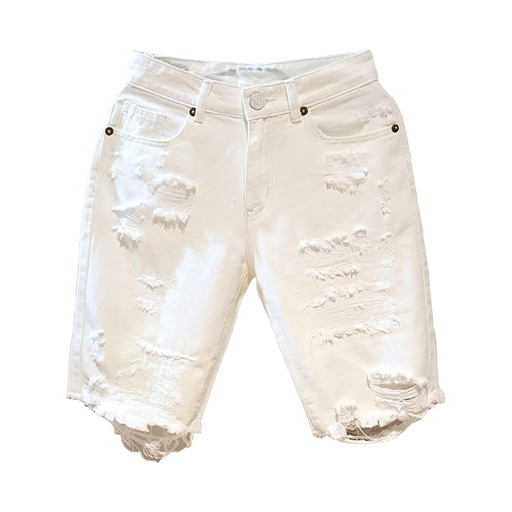 【DISCERNMENT】Suzuka White Bermuda Denim Pants Men's Stretch Distressed Shorts Jeans Casual Slim Fit Denim