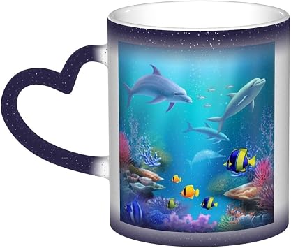 13 Oz Color Changing Mug Heat Sensitive Night Sky Water Cup Novelty Coffee Mug Blue Ocean Underwater Fish Porcelain Mugs Unique Magic Coffee Tea Cup Gift for Women Men Blue
