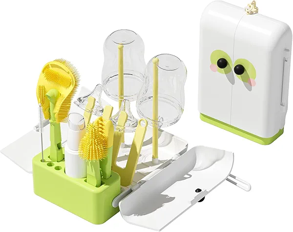 Portable Baby Bottle Brush Set - 7 in 1 Baby Bottle Cleaner Kit with Silicone Bottle Brush, Baby Travel Essential Bottle Washing Kit, Nipple, Drying Rack, Straw, & Breast Pump Cleaning (Green)