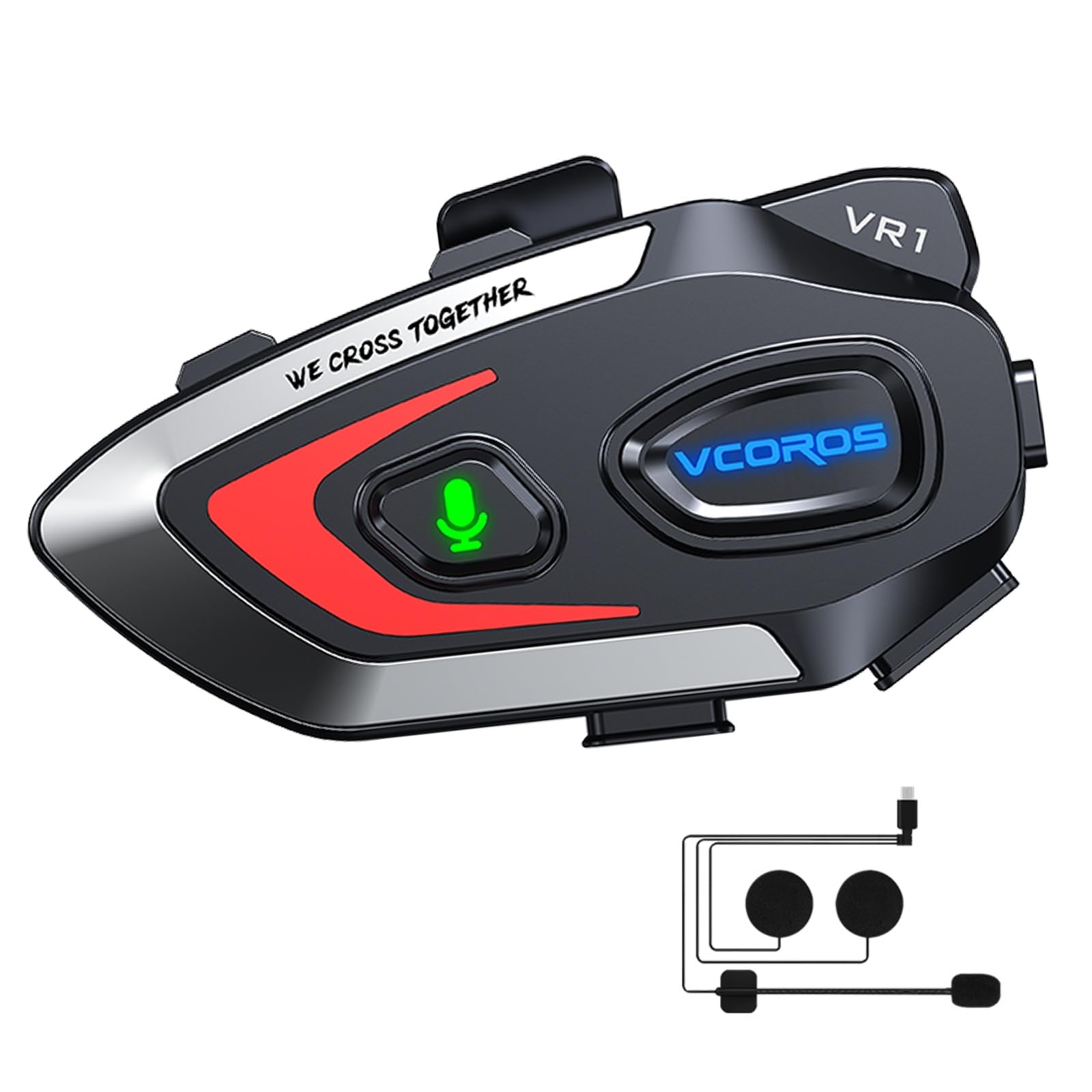 VCOROS Casco Moto Auricolare,VR1 Casco Moto Bluetooth Auricolare per Singola,IPX6 Impermeabile Cancellazione del Rumore per Vivavoce AI Voice Control,Controllo Musica (Hard Mic)