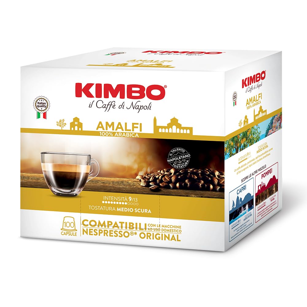 Kimbo, Amalfi, Le Meraviglie del Gusto 100 Capsule Caffè Compatibili Nespresso® Original®, Miscela Delicata, Intensità 9/​13, Tostatura Medio- Scura, 1 Pack da 100 Capsule