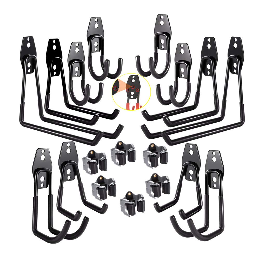 3-H Steel Garage Hooks 12PC, Double Hooks Garage Storage Hooks Heavy Duty for Organizing Power Tools, Ladders, Bulk Items, Bikes, Ropes，Mop Broom Holder 6PC(Black)