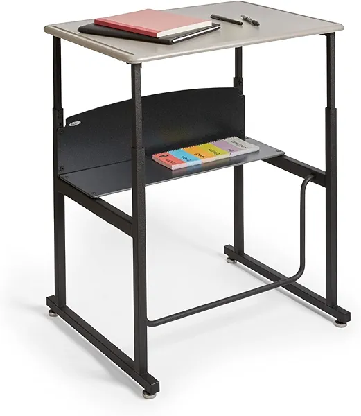 Safco AlphaBetter Student Standing Desk, Adjustable Height with Shelf and Swinging Pendulum Foot Rest, 28" W x 20" D, Gray
