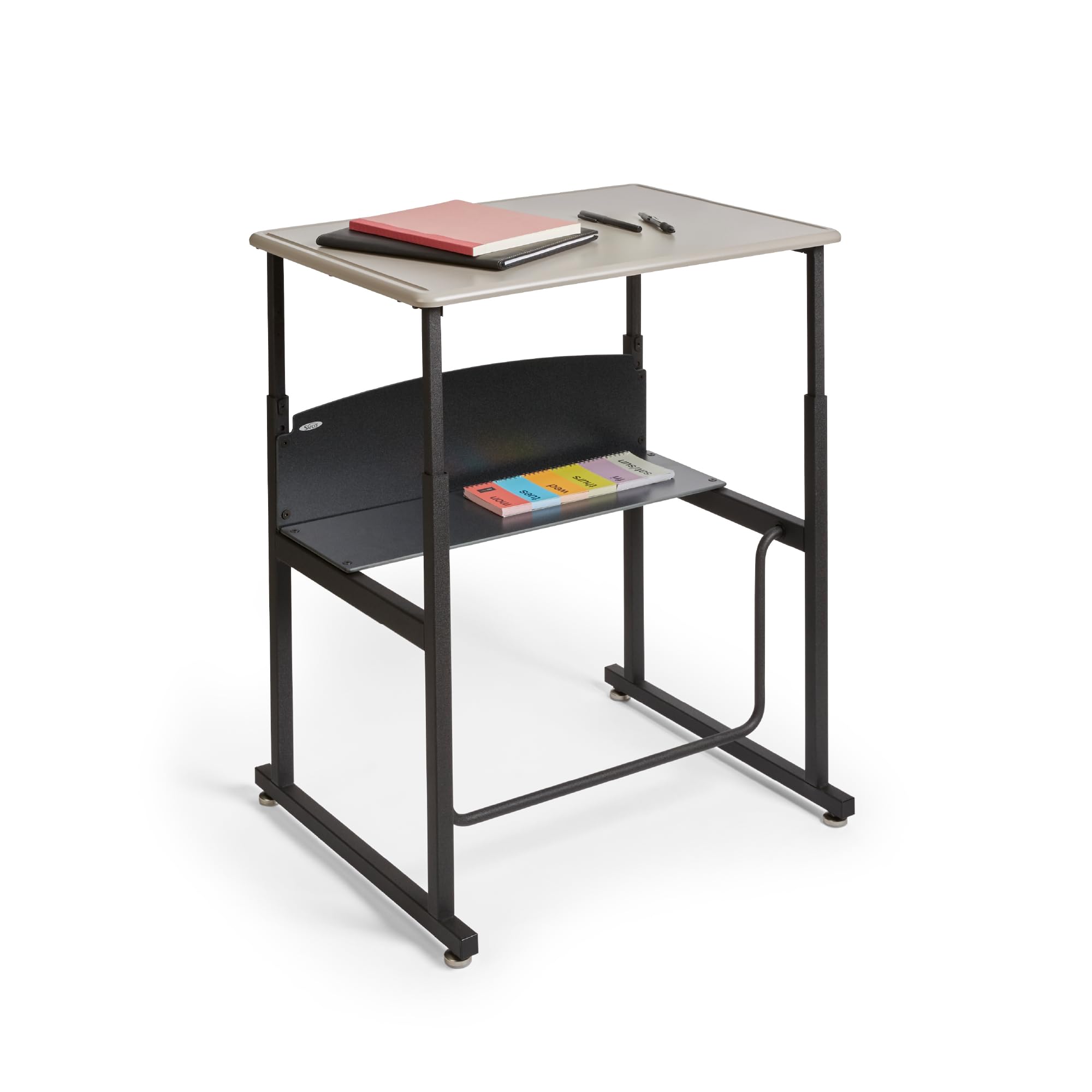 Safco AlphaBetter Student Standing Desk, Adjustable Height with Shelf and Swinging Pendulum Foot Rest, 28" W x 20" D, Gray (DAMAGE TO ONE CORNER. VERY USEABLE.)