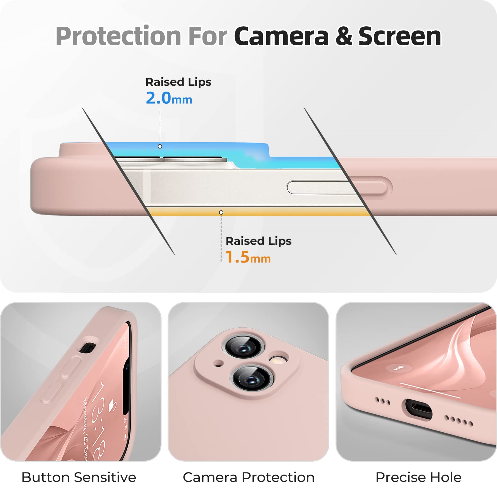 GOODVISH 3 in 1 Cover in Silicone per iPhone 14 6,1'' (2022), con 2 Pezzi di Pellicola Protettiva, Custodia per Cellulare Ultra Sottile Antiurto Resistente Protezione Fotocamera, Rosa Sabbia