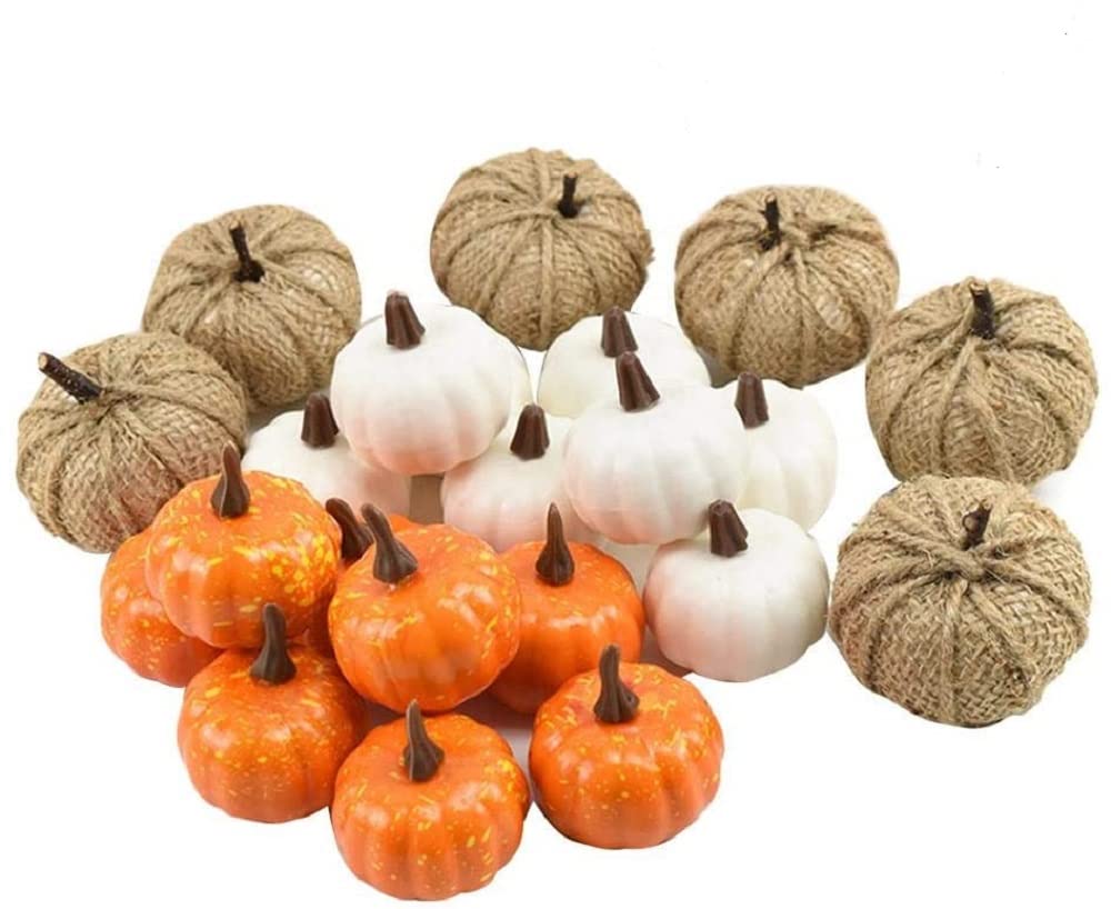 KKS Autumn Decorations 22 Pcs Artificial Pumpkins Set Assorted Faux Harvest Pumpkins for Halloween Fall Wedding Thanksgiving Seasonal Holiday Pumpkin Ornament(Multi)