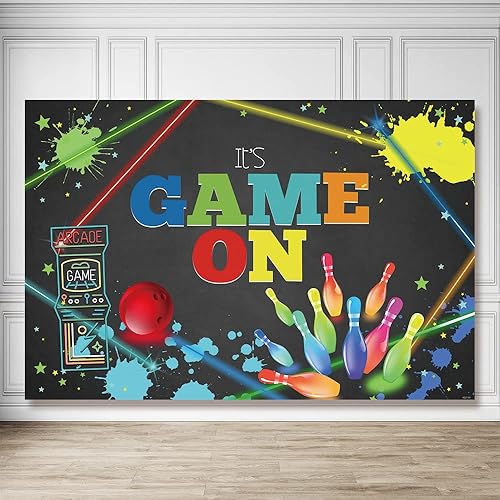 Miniatura 5 de Telón de fondo de juego de arcade para fiesta de cumpleaños, etiqueta láser, tema de bolos, decoraciones de cumpleaños retro de videojuegos, estudio