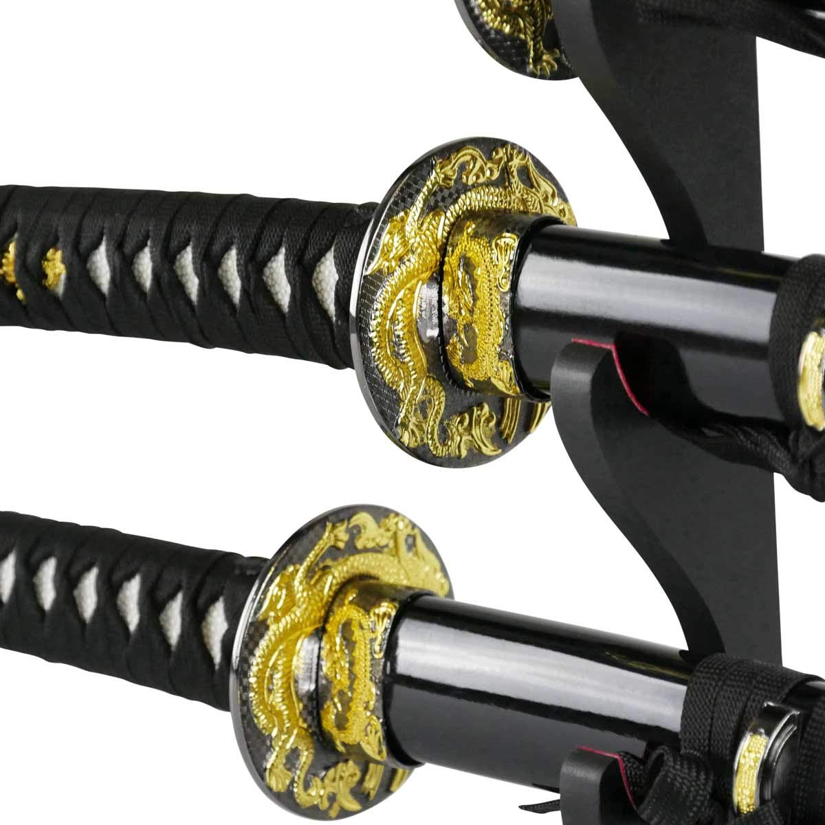 Katana Wakizashi Tanto Black Dragon Samuraischwert Set | Dekorationsschwerter mit stumpfer Klinge - mit Schwertständer und Zubehör