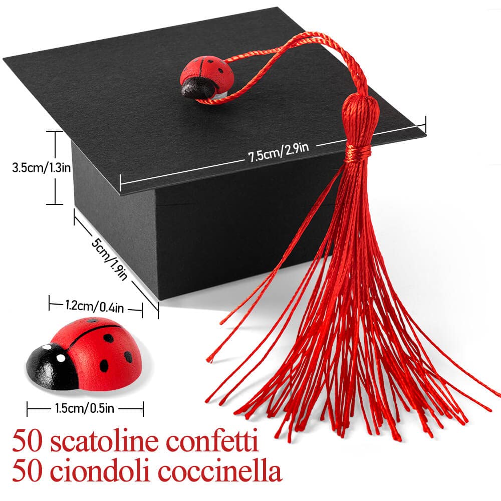 50 Pezzi Bomboniere Laurea Scatoline Confetti Laurea di Cappello in Kraft con 50 Ciondoli Coccinella 50 Nastri Rossi