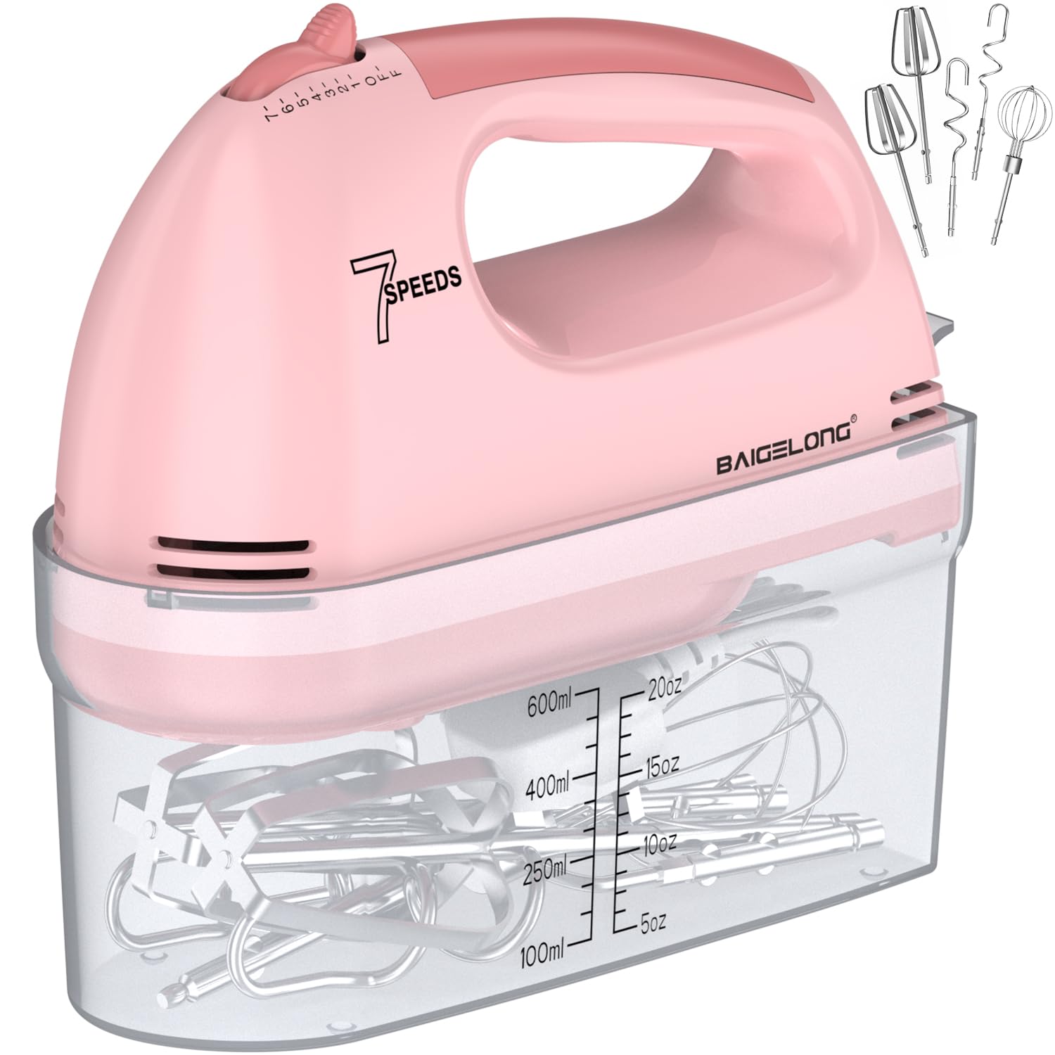 BAIGELONG Hand Mixer. 7-Speed Adjustable Kitchen Electric Mixer. With 5 Stainless Steel Attachments: 2 Hooks, 2 Beaters, 1 Whisk. Comes 1 Storage Box. Perfect for Bakers and New Starters. Pink