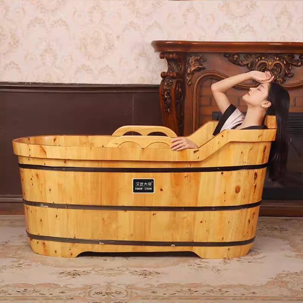 Wolnostojąca wanna z litego drewna, centrum spa wolnostojąca wanna z poręczami i wyskakującym odpływem, 110 cm
