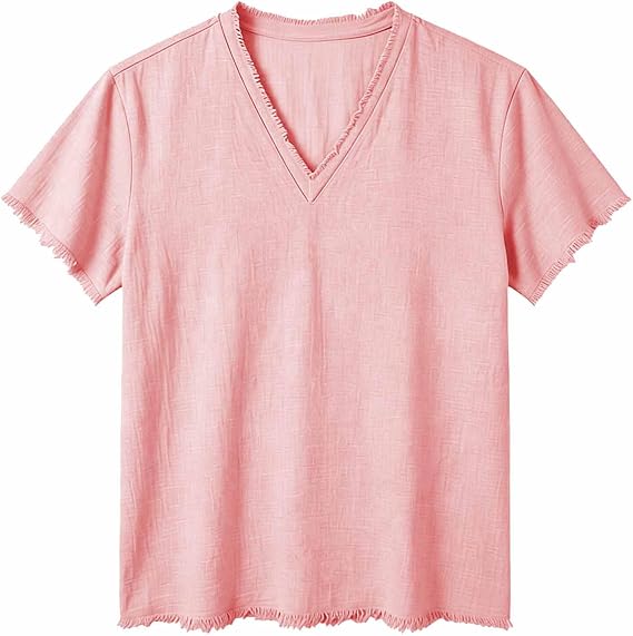 Linen Shirts for Men Short Sleeve V Neck T-Shirt Beach Yoga Top Casual Hippie Clothes Vacation Raw Edge Tee