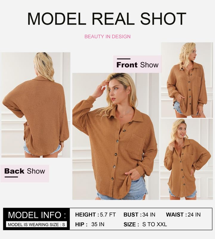 Image of Dokotoo Womens Waffle Knit Shacket Jacket Casual Button Down Shirts Tops | Long Sleeve,Loose Fit,Boyfriend Style,Collared V Neck,Fall Cardiga,Outwear with Pockets