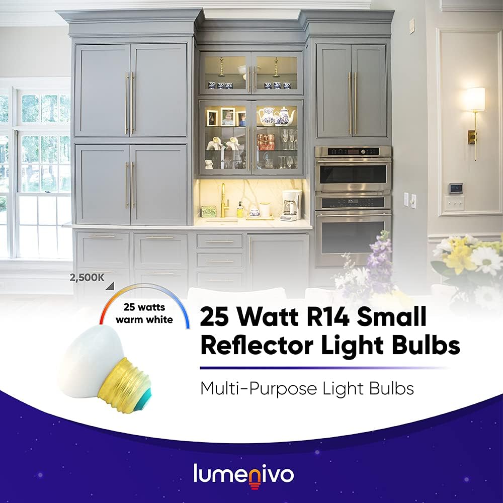 lumenivo 25 Watt R14 Small Reflector Light Bulbs - 120/130 Volt E26 Short Neck Base Replacement Frosted Incandescent Lava Lamp Flood Light Bulbs - 2500K China Cabinet Light Bulbs - 1 Pack