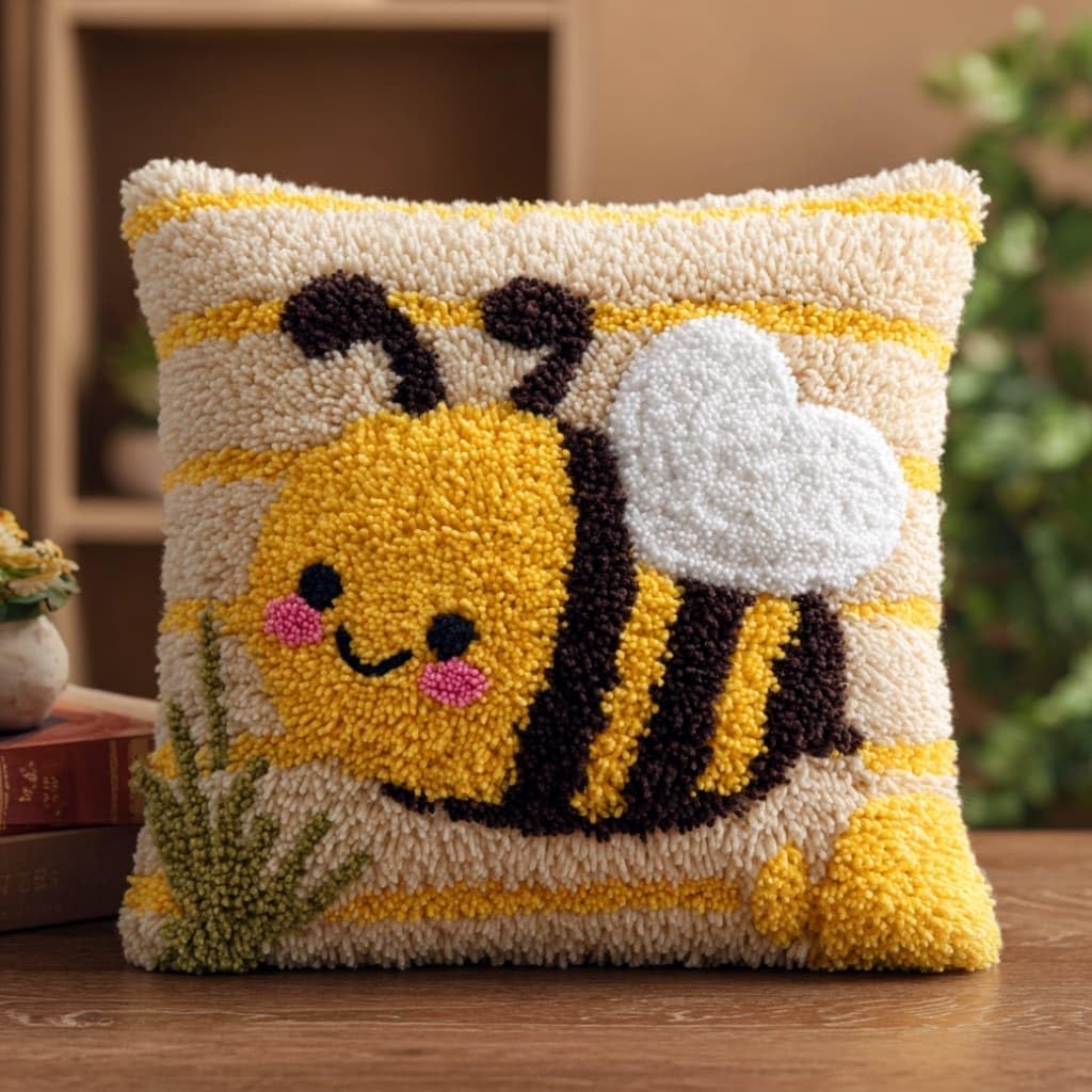 AxiangziK Latch Hook Embroidery Kit,Bee DIY Throw Cushion Cover 43X43Cm