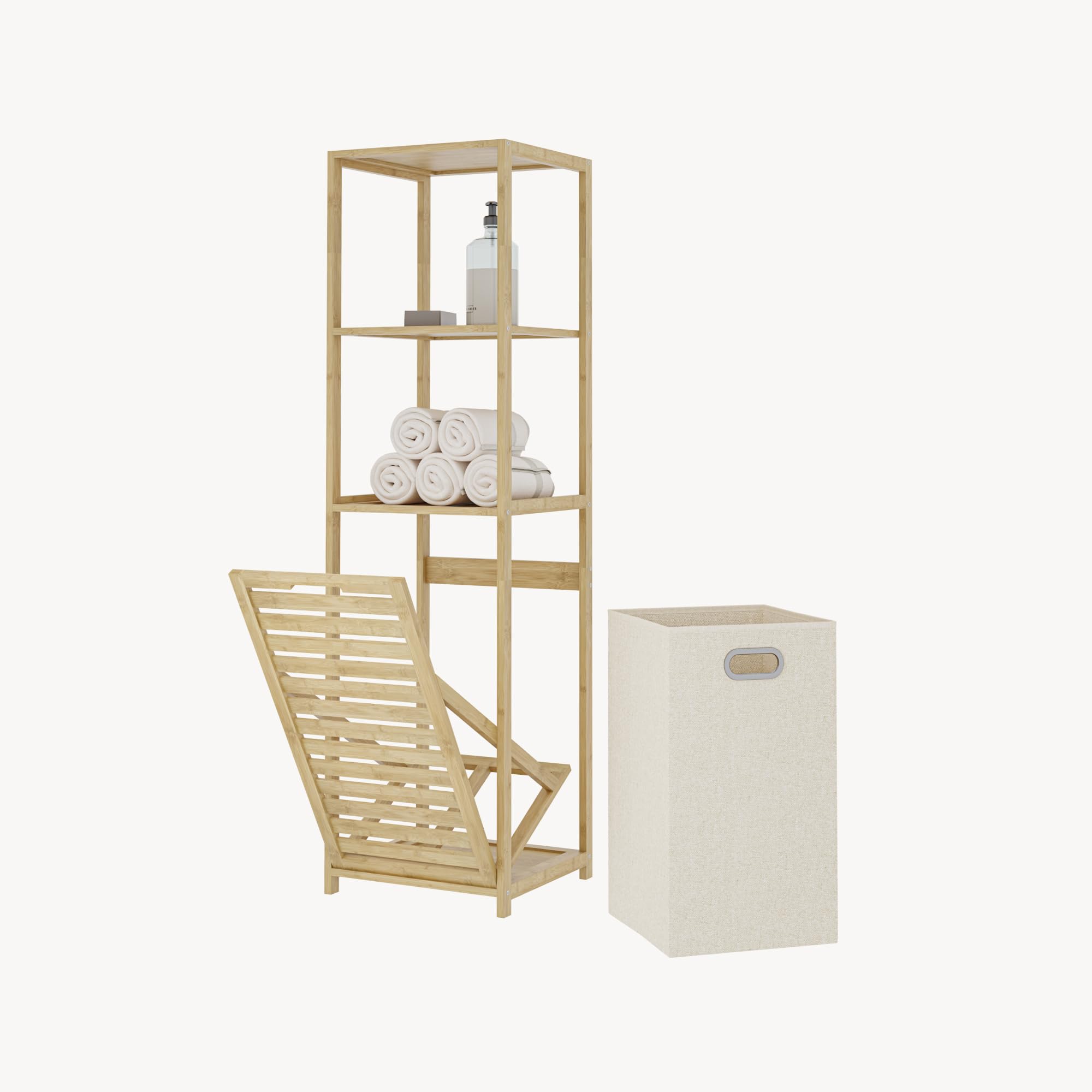 [en.casa] Mueble de Baño Anun Estantería con Cesto para Ropa Sucio Mueble Auxiliar Armario Midi para Cuarto de Baño Dormitorio Bambú 130 x 36 x 33 cm - Natural/Beige