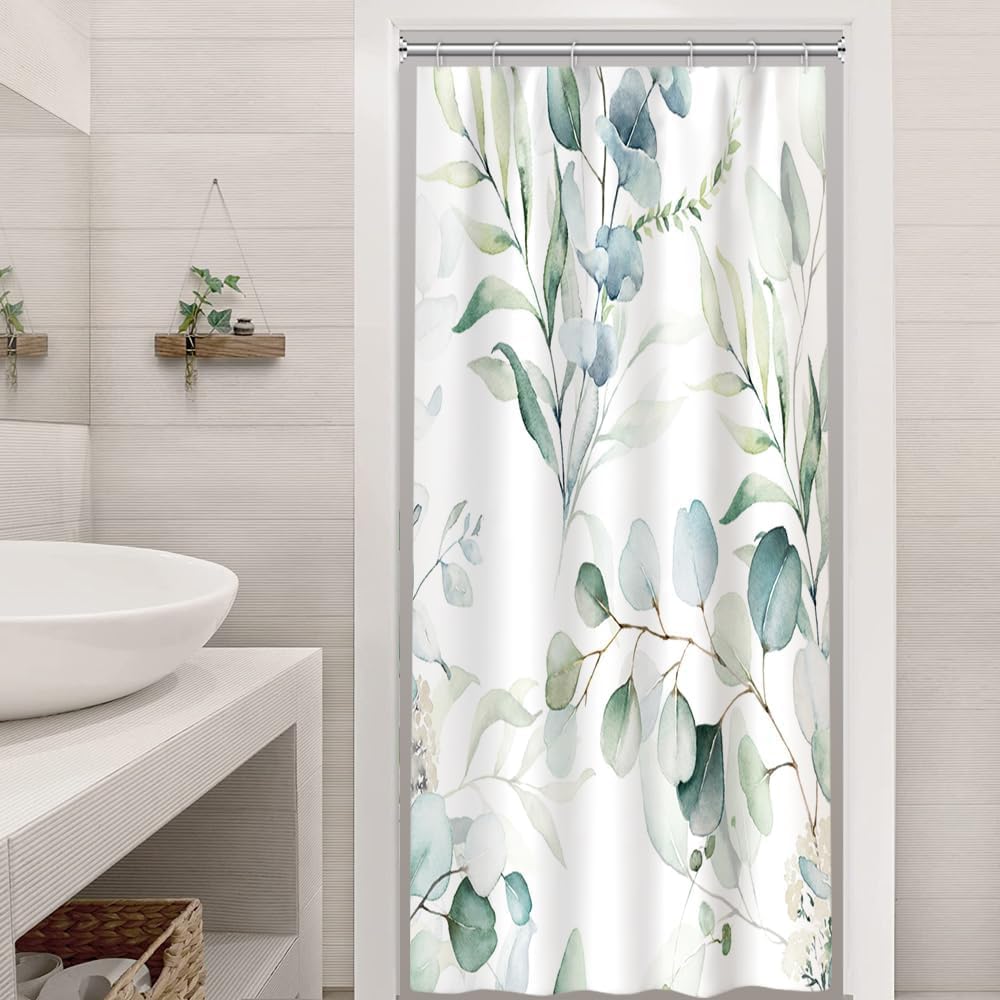 Uiiooazy Eucalyptus Shower Curtain, Shower Curtain Leaves Green Plant Motif Bathroom Curtain Anti Mildew Waterproof Polyester Fabric Washing Shower Curtain for Bathtub with Hooks 90 x 180 cm