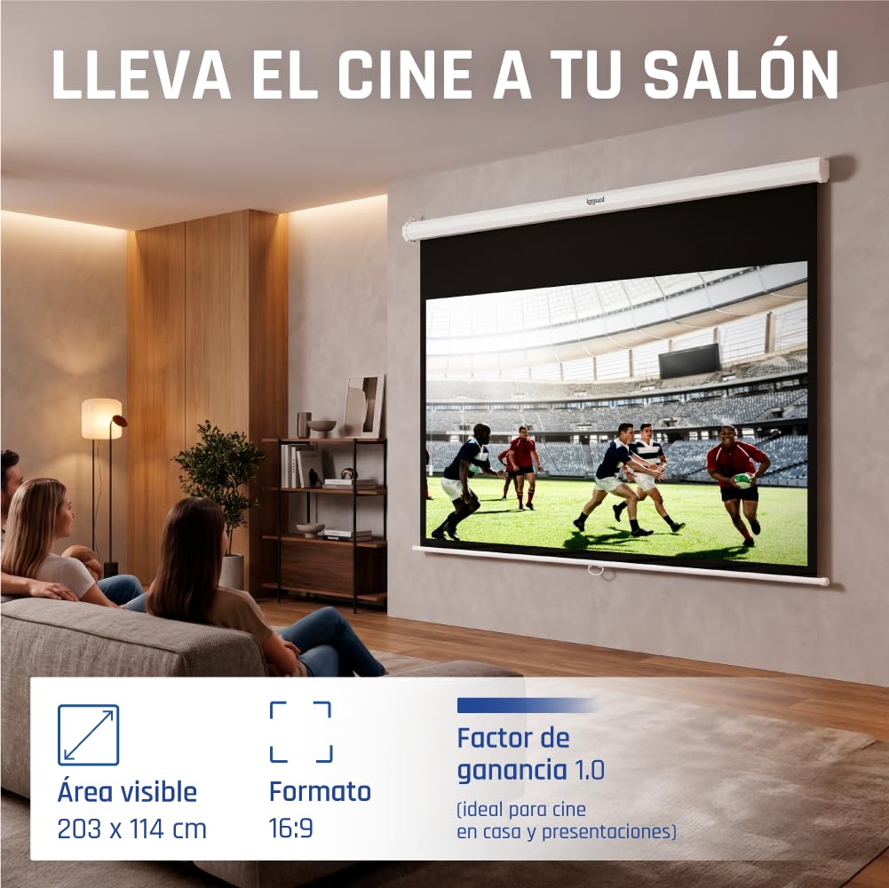iggual Pantalla Proyección 92" Pulgadas- Enrollable Manual Panorámico- Formato 16:9- Ángulo Visión 180º- Altura Ajustable- Apto Pared/Techo- Compatible 4K y Cualquier Proyector, (203x114 cm)