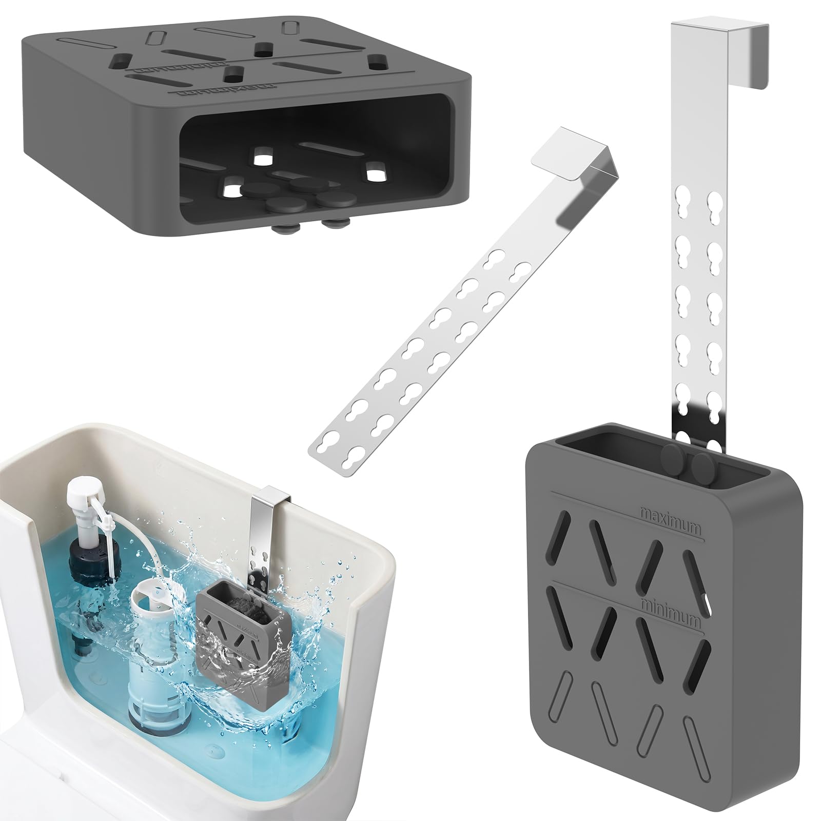 2Pcs Adjustable Toilet Tank Tablet Holder, Hanging Silicone Cleaner Basket with Rustproof Hooks, Controlled Release Toilet Bowl Tablet Dispenser to Prevent Flapper Jams & Extend Tablets Life(Grey)