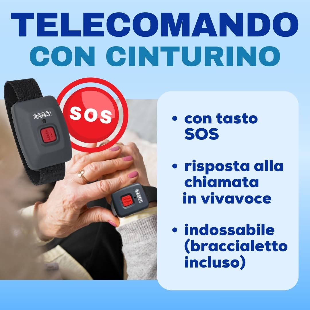 Telefono Fisso con SOS e Telecomando di Emergenza, Tasti Parlanti, SAIET | FAMILY TELE SOS con Display LCD Retroilluminato, Annuncio Vocale del Chiamante, Vivavoce e Rubrica fino a 30 Contatti