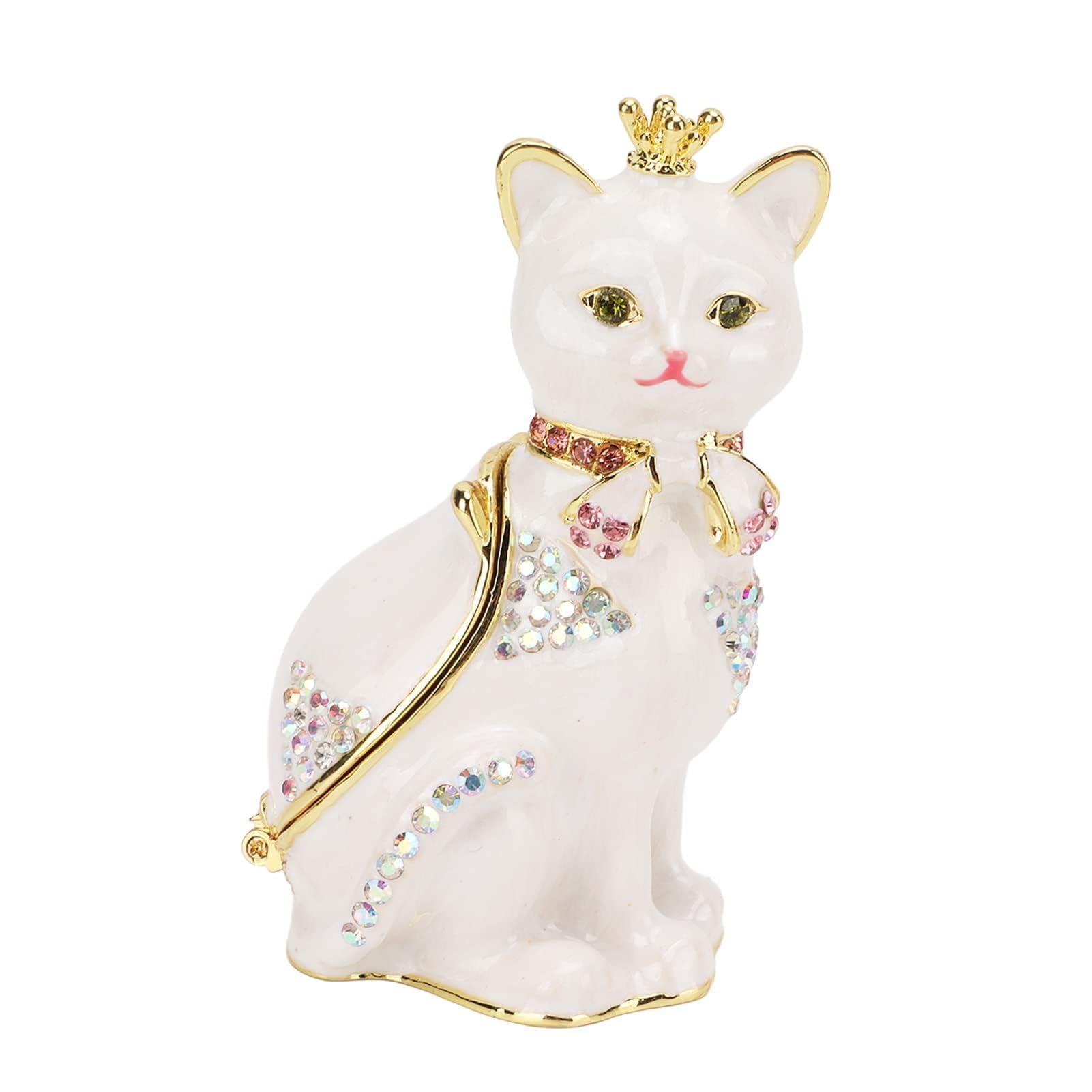 Boîte à bijoux chat blanc mignon, figurine émaillée porte-bague