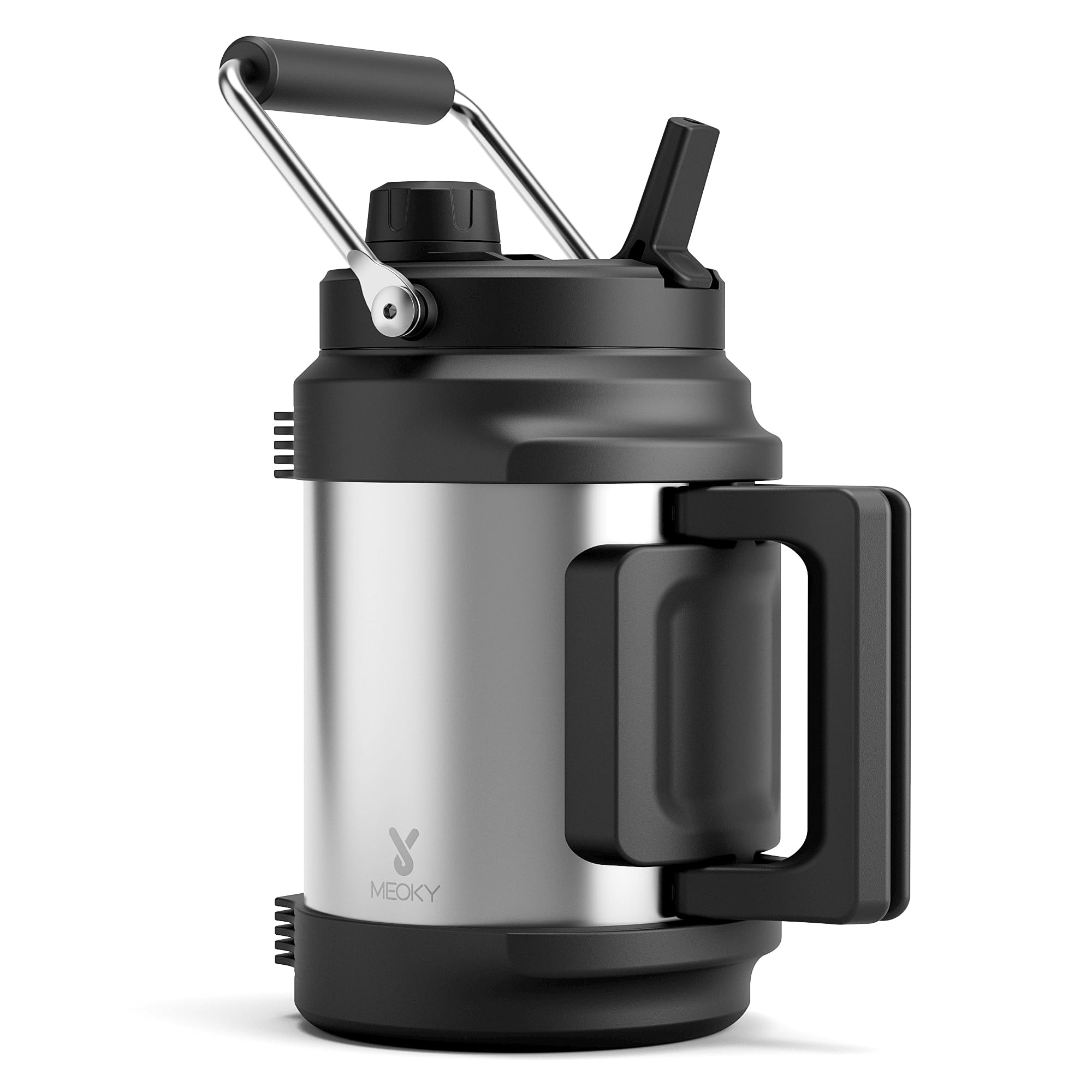 64 oz Insulated Water Bottle for Men: Meoky Triple Wall Vacuum Stainless Steel Half Gallon Water Jug - Top and Side Handles, 2-in-1 Straw and Spout Lid, Cold for 36 Hrs, Leak Proof for Sports (Silver) Silver 64 Ounces