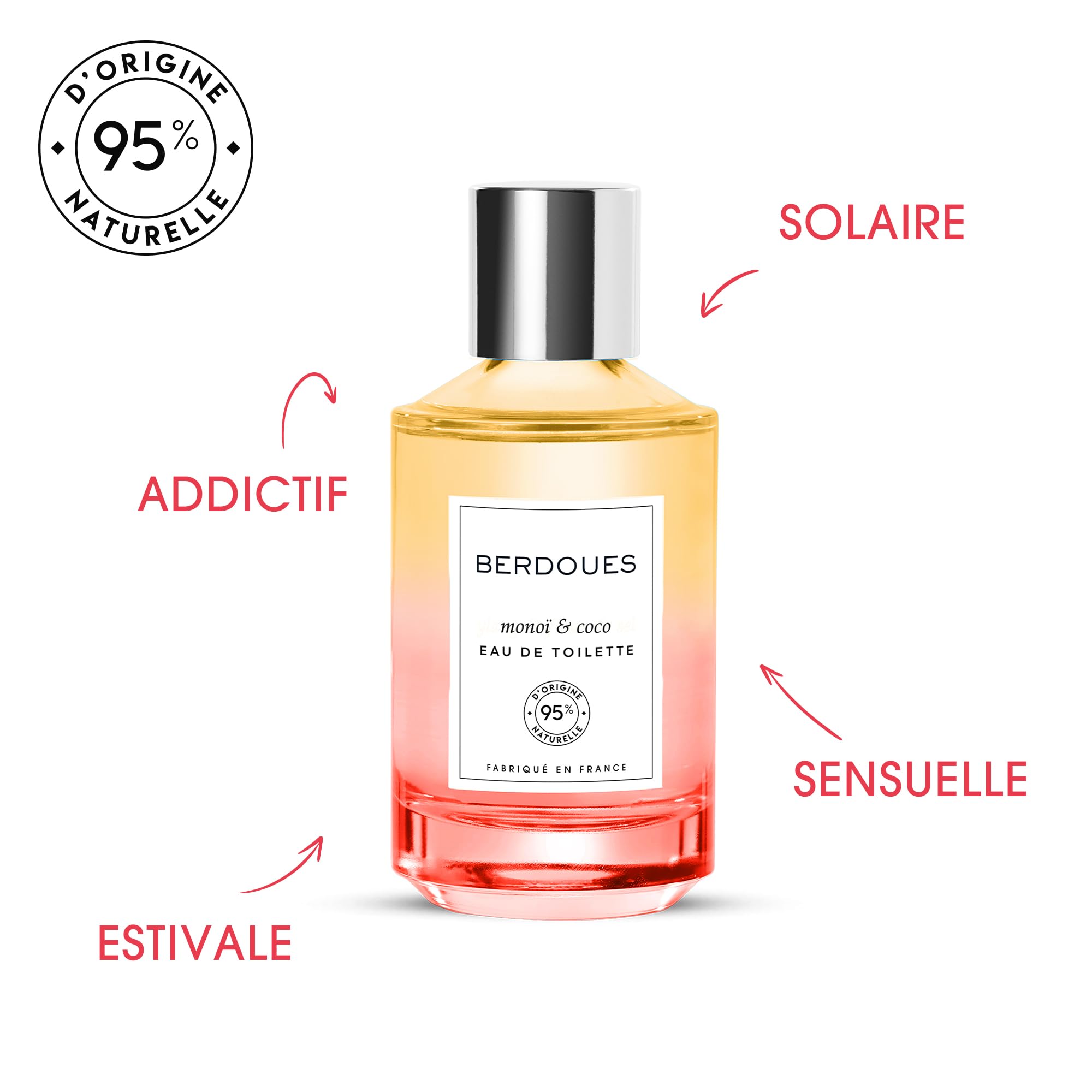 BERDOUES Monoi i Coco Woda toaletowa, Zmysłowa i słoneczna, Made in France, wegańska, bez barwników, perfumy damskie, Coco, Cytryna i Brus, butelka, 100 ml