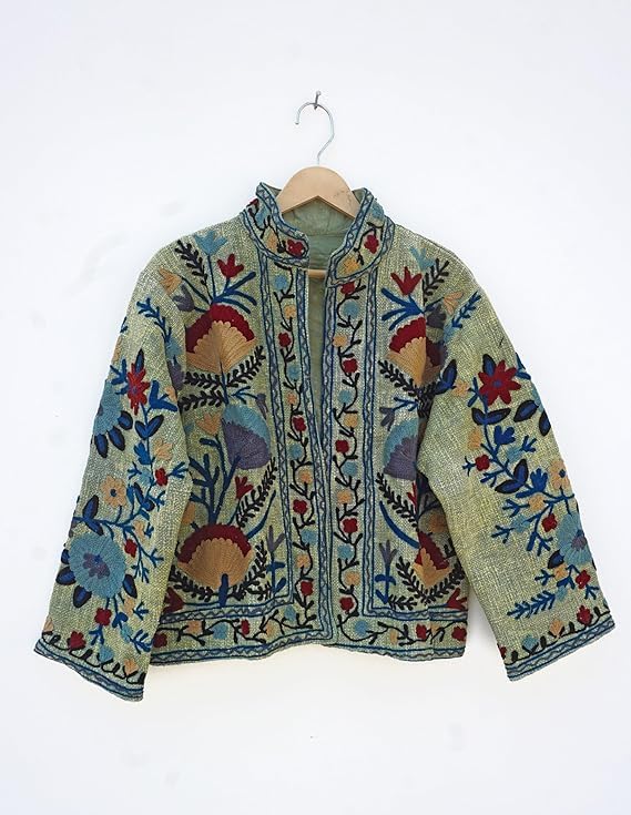 Women's Floral Embroidered Jacket, Peach Color, Traditional Boho Style, Open Front2