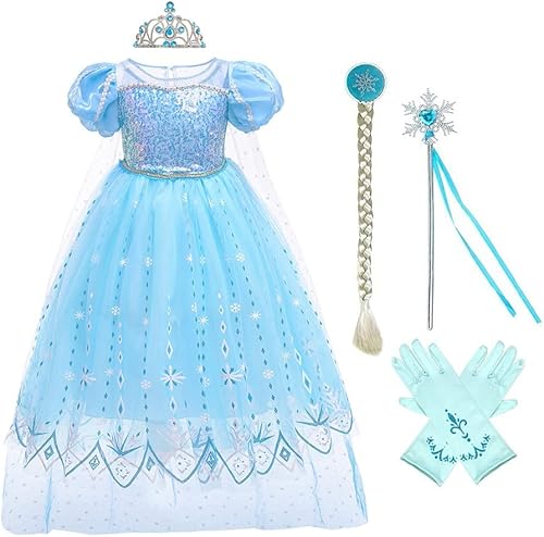 MYRISAM Disfraz de princesa para niñas, disfraz de Frozen Elsa, vestido elegante de Halloween, fiesta, Navidad, cumpleaños, con accesorios