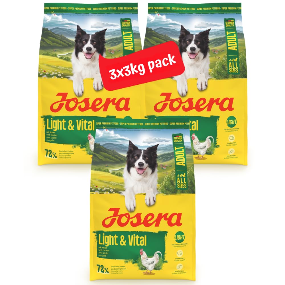 JOSERA Adult Light & Vital kurczak (3 x 3 kg) | sucha karma premium dla dorosłych psów | z groszkiem | o niskiej zawartości fosforu – z niewielką ilością tłuszczu i białka, specjalnie dla seniorów