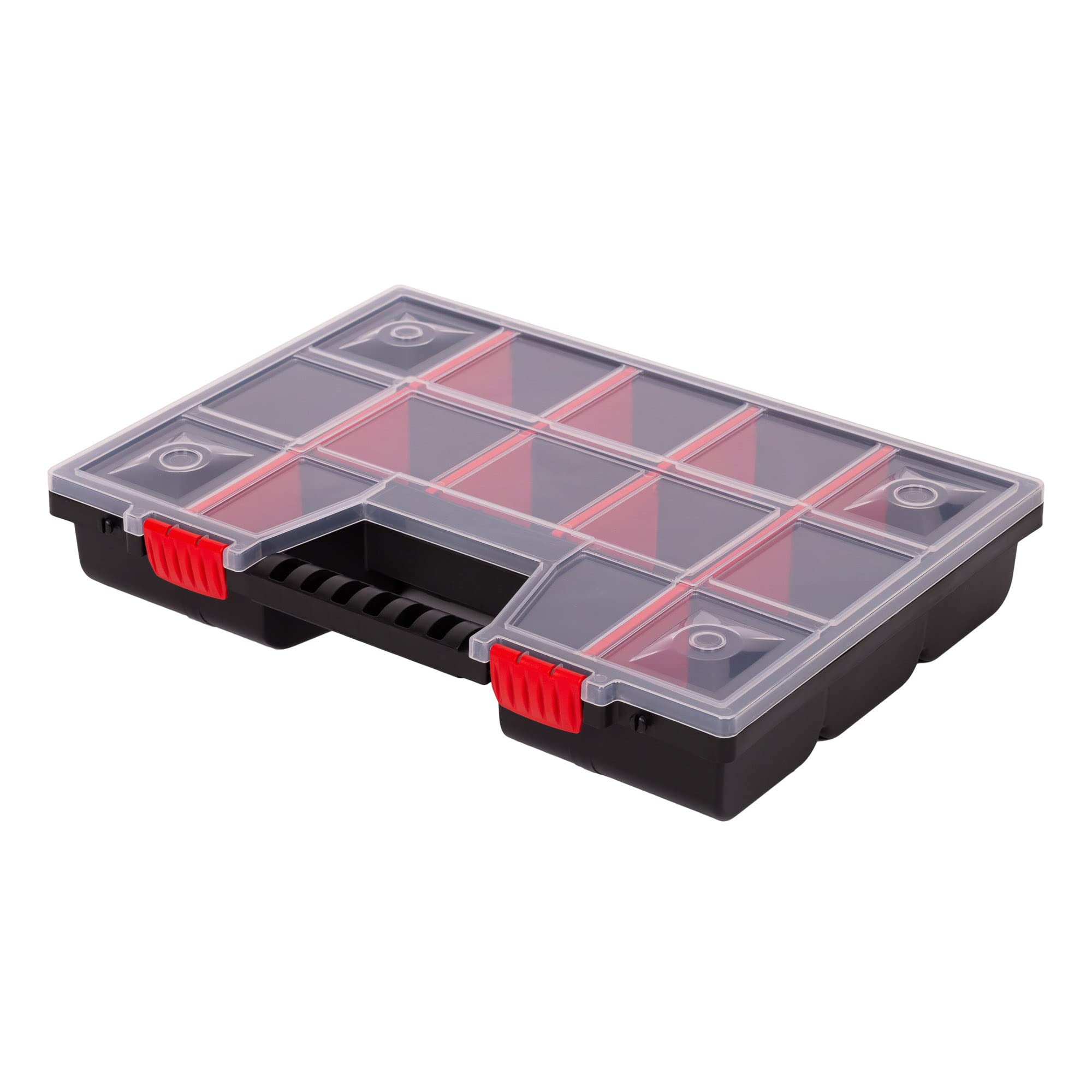 Mivos Black, Transparent And Red Sorting Box For Accessories And Small Parts 16 Inches / Sorting Box With Adjustable Compartments / Assortment Box 390 X 290 X 65 Mm / Small Parts Organiser With Transparent Lid