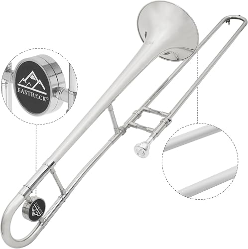 Miniatura 9 de EASTROCK Bb Tenor Slide Trombón B, instrumento de trombón chapado en latón plano para estudiantes principiantes con estuche rígido, con boquilla