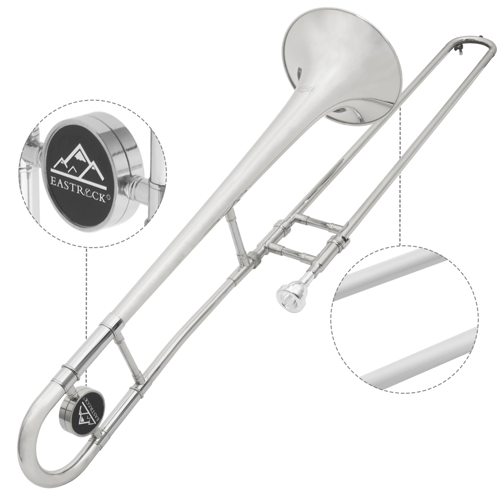 EASTROCK Bb Tenor Slide Trombone, B Flat Brass Plated Trombone Instrument for Beginners Students with Hard Case, with Mouthpiece, White Gloves (12.5mm/200 mm), Nickel
