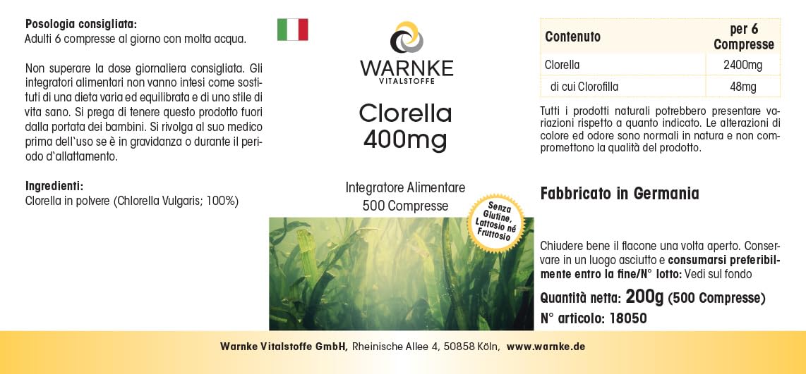 Chlorella 400 mg - 500 comprimés - faciles à avaler - poudre d'algue Chlorella vulgaris - avec chlorophylle - végétalien - grand format | Warnke Vitalstoffe - Qualité pharmaceutique allemande