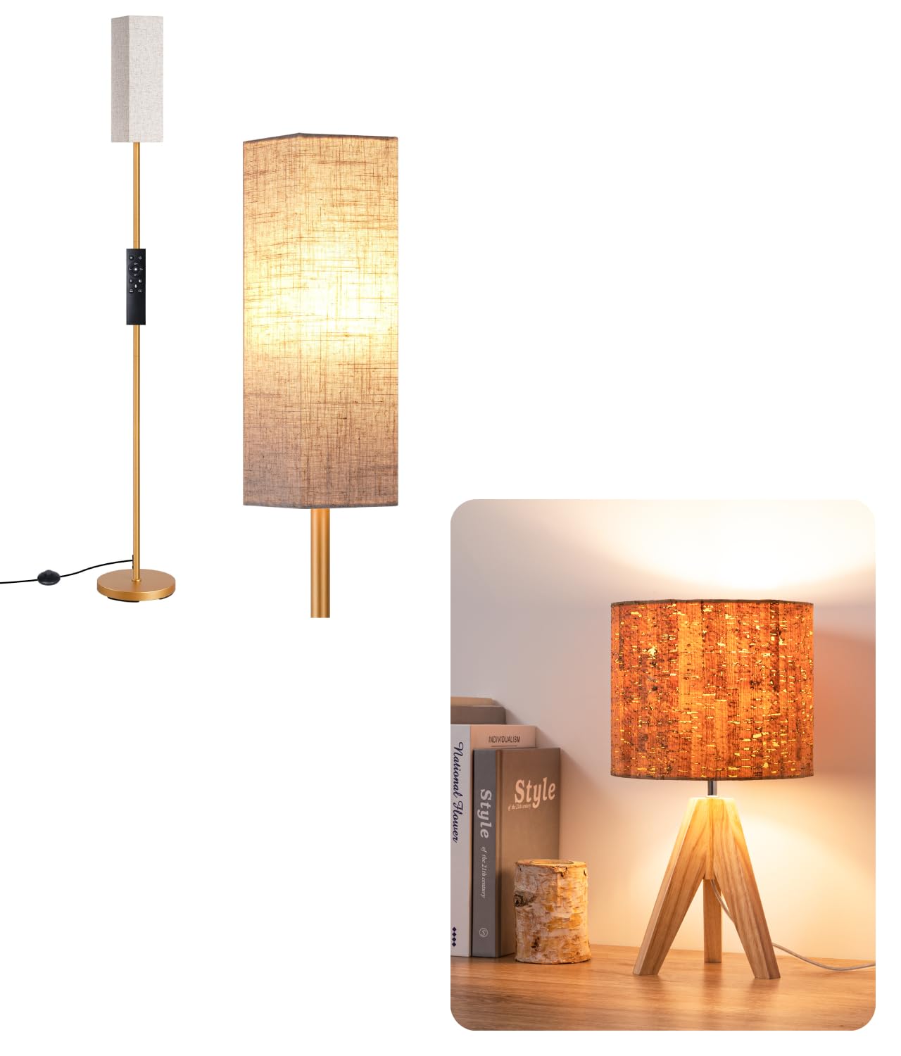 EDISHINE Wooden Tripod Table Lamp with Bark Linen Shade, Farmhouse Bedside Lamp, Modern Corner Floor Lamp with Remote for Nursery, Bedroom, Kids Room, Office, Reading Desk