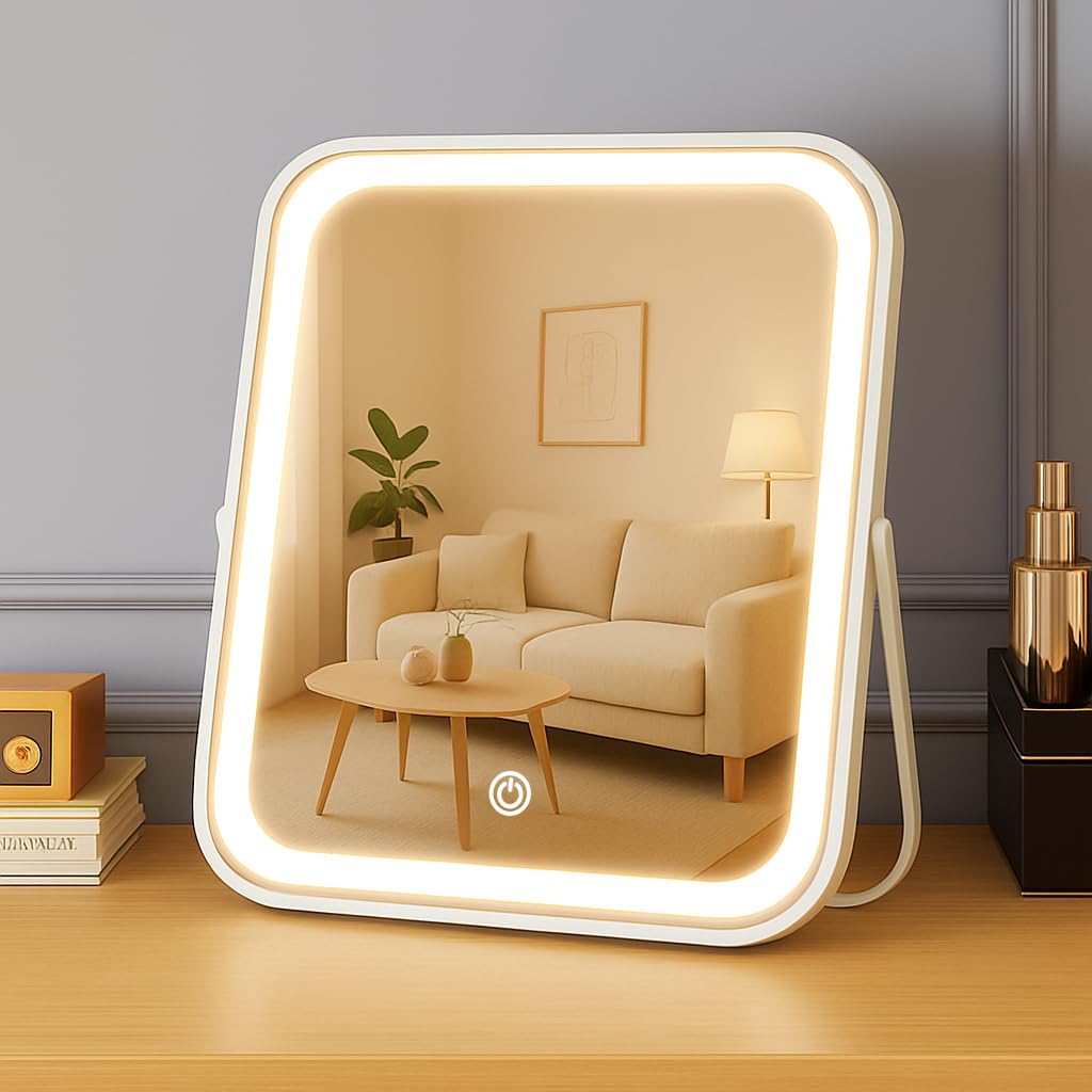 YEKKOPT Wiederaufladbarer Kosmetikspiegel mit Lichtern, 20,3 x 25,4 cm, 3-farbige Beleuchtung, tragbarer Make-up-Spiegel mit Touchscreen, verstellbare LED-Lichter, Schreibtischspiegel für Reisen