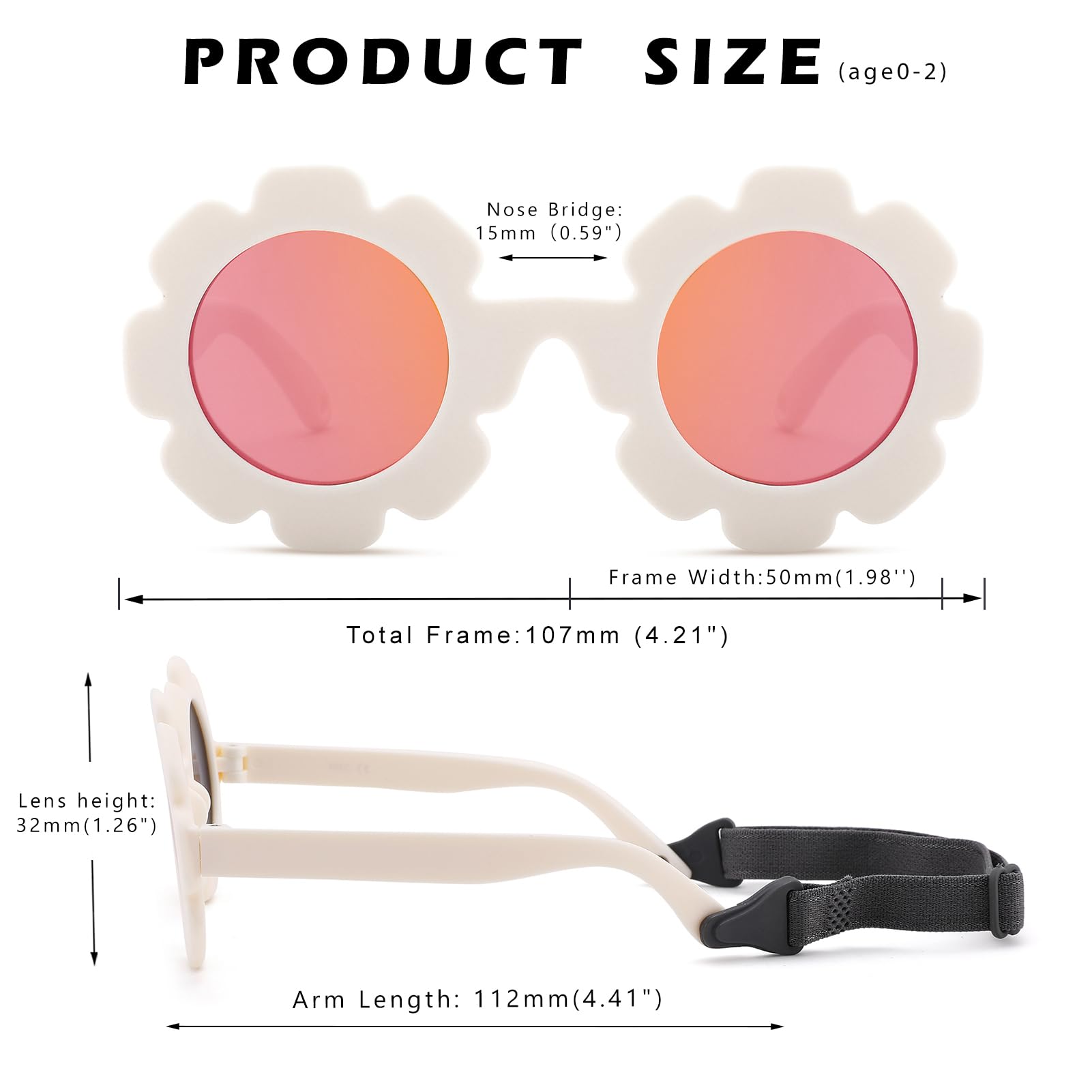 Hycredi Flexible, biegbare Baby-Sonnenbrille mit Blumenmuster, polarisiert, mit Riemen, für Neugeborene, Mädchen, Alter 0–24 Monate