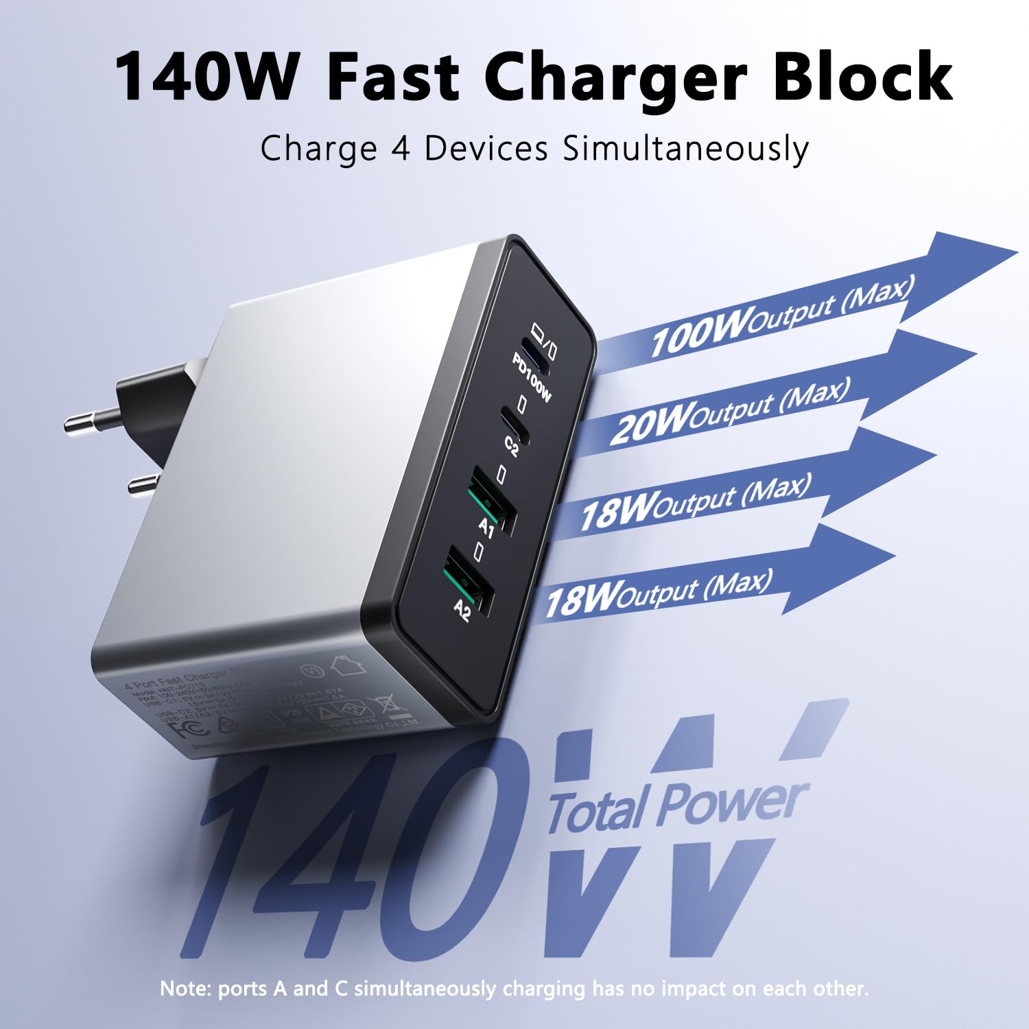 Chargeur GaN 140W 4 Ports USB-C/USB-A - Charge Rapide PD QC3.0 Pour MacBook, IPhone, Ordinateur Portable