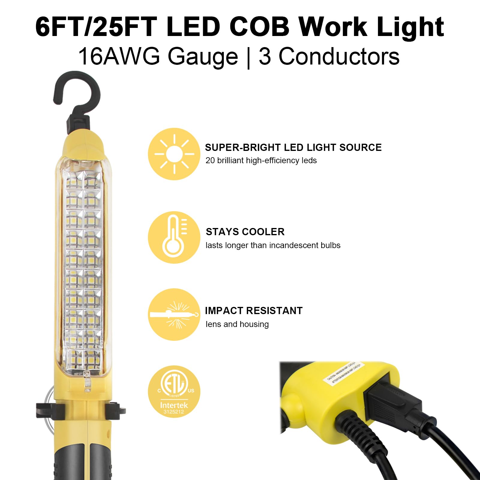 LED Trouble Light, ręczne przewodowe światła robocze z silnym magnesem, podwójny hak obrotowy, z listą ETL, 16 AWG, odpowiednie do naprawy samochodów, garażu, maszyn i warsztatu