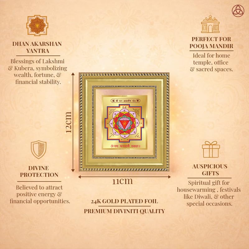 Image of DIVINITI Siddh Energised Dhan Akarshan Yantra | 24k Gold Plated Foil Money Attraction Vastu Frame for Home, Office & Puja Room | Spiritual Yantra for Wealth & Prosperity (12 X 11 CM)