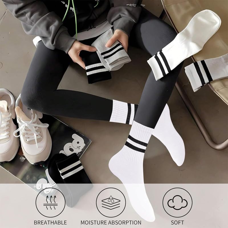 Yanwenx 3 Pairs Cotton Two Stripes Solid Color Casual Running Socks for Women Girls_White