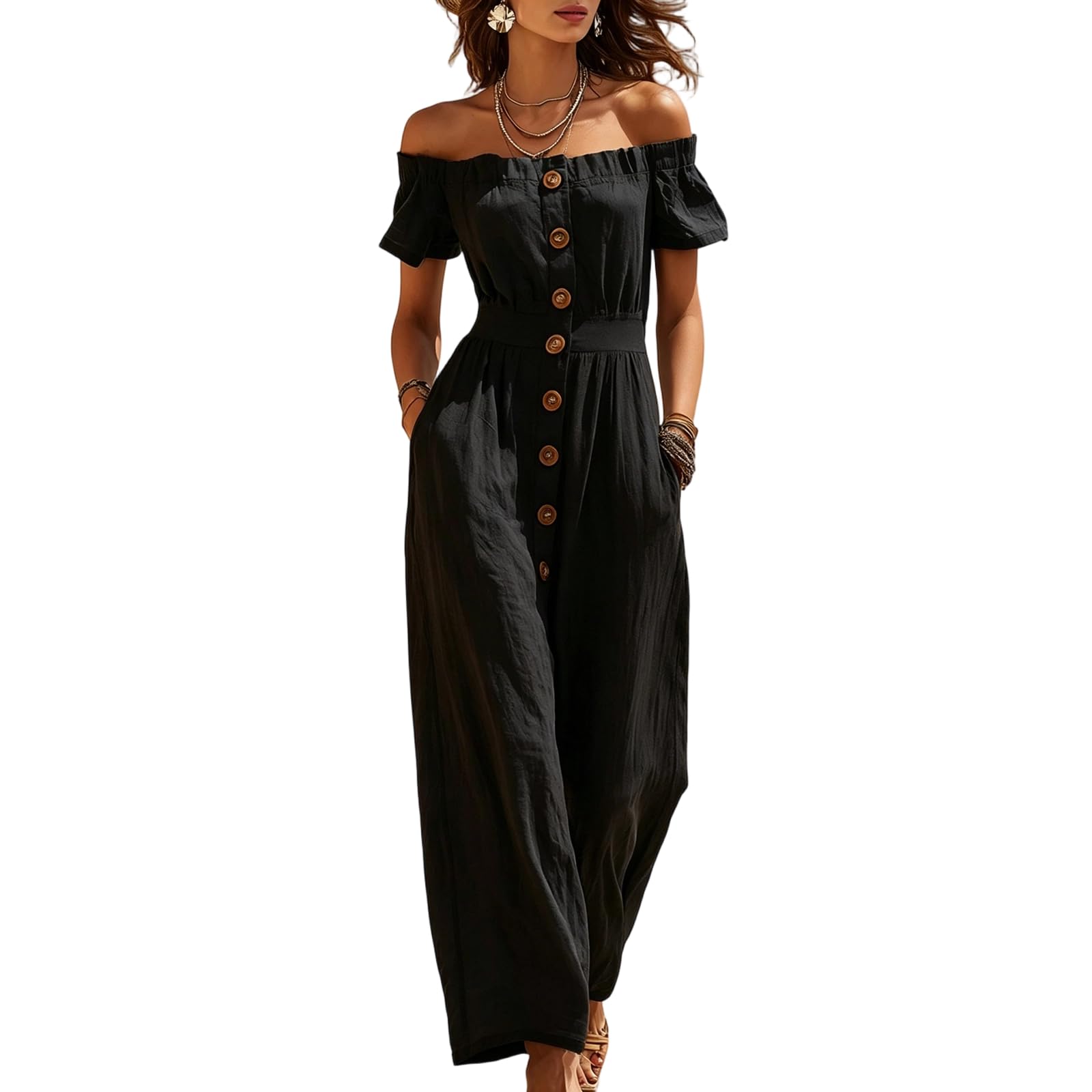 Generisch Jumpsuit Damen Elegant Festlich Leinen Overall Sommer Schulterfrei Jumpsuits Für Damen Schick Rüschen Hosenanzug Hochzeitsgast Curvy Playsuit mit Tasche Knöpfe Einteiler Weites Bein