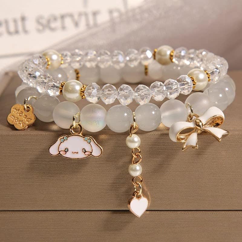 Kawaii Bracelets Crystal Beads Cinnamoroll Bracelet Set Cute Cartoon Elastic Beaded Bow Pearl Bracelets Anime Jewelry Christmas Stocking Stuffers for Women Bff Friendship (White)3