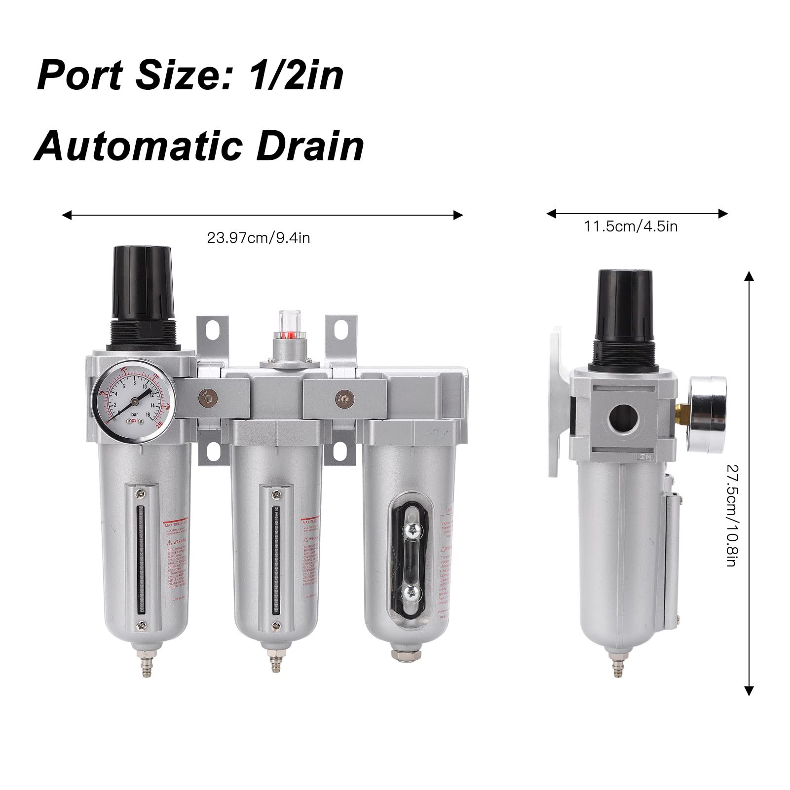 di Asciugatura Dell'aria a 3 Stadi Filtro Antiparticolato per Aria Compressa Industriale in Lega di Alluminio Resistente Essiccatore per Compressore(Scarico automatico NPT da 1/2 pollice)