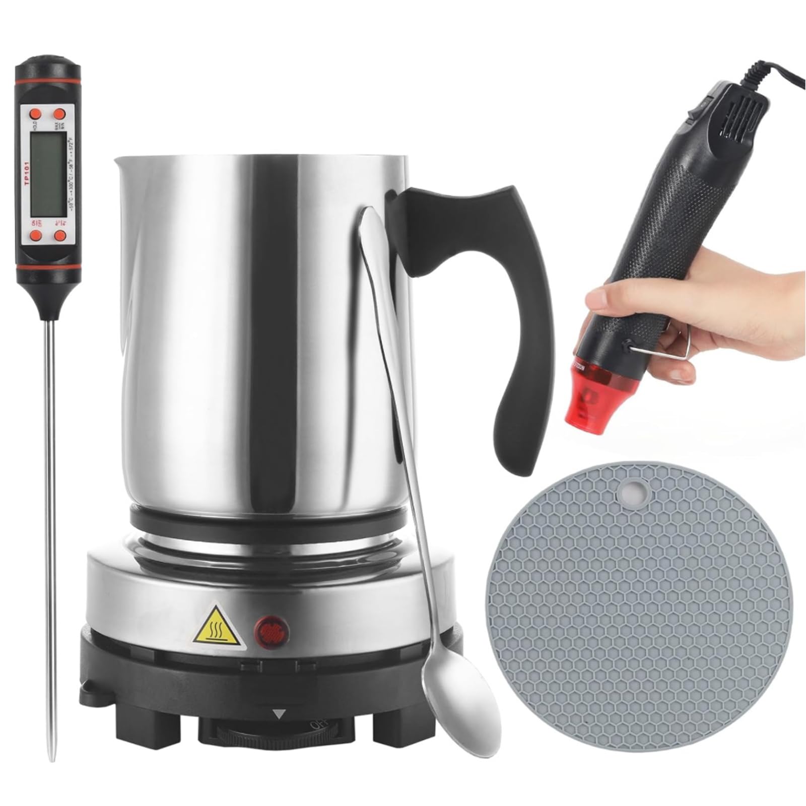 Zestaw do produkcji świec sojowych, elektryczny topiący wosk z pistoletem grzewczym, garnek do nalewania 900 ml, termometr, łyżka do mieszania, uchwyt do garnków, akcesoria do produkcji świec DIY