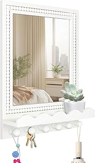 Tirzah 16x12 Inch Wall Mount Beaded Wood Framed Mirror with Shelf and 6 ...